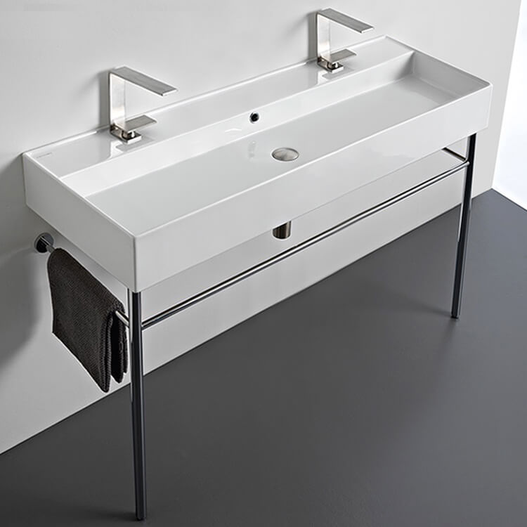 Bathroom Sink, Scarabeo 8031/R-120B-CON, Large Double Ceramic Console Sink and Polished Chrome Stand